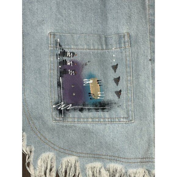 Denim Fringed Jacket XL Southwestern Painted Cotton Open Front Whimsiegoth Hip - Picture 8 of 13